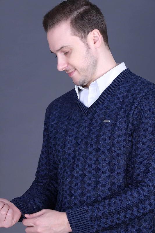 Denim Woolen V-Neck Pullover Sweater for Men