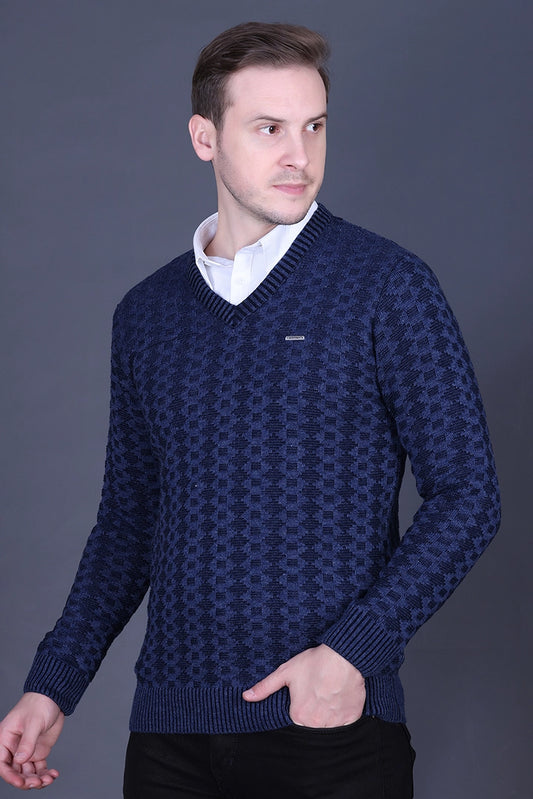 Denim Woolen V-Neck Pullover Sweater for Men