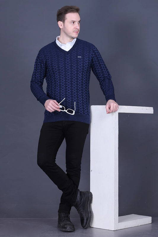 Denim Woolen V-Neck Pullover Sweater for Men