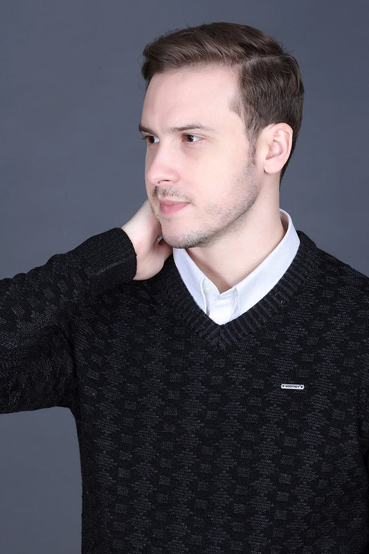 Black Woolen V-Neck Pullover Sweater for Men