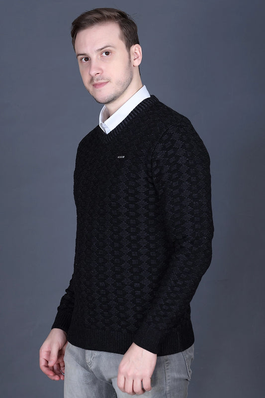 Black Woolen V-Neck Pullover Sweater for Men