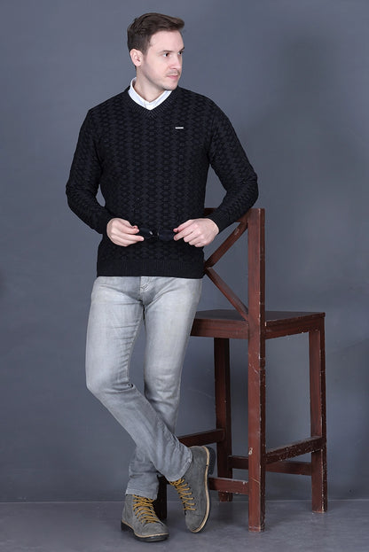 Black Woolen V-Neck Pullover Sweater for Men