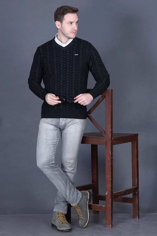 Black Woolen V-Neck Pullover Sweater for Men