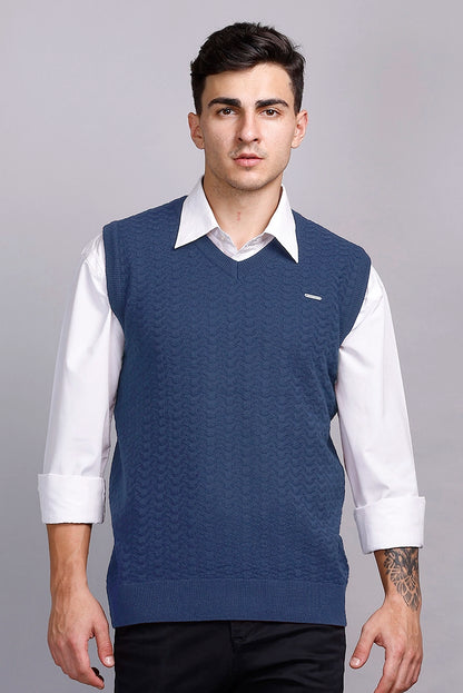 Denim Woolen V-Neck Sleeveless Half Sweater For Men
