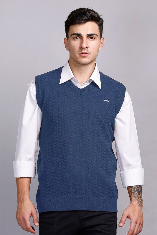 Denim Woolen V-Neck Sleeveless Half Sweater For Men