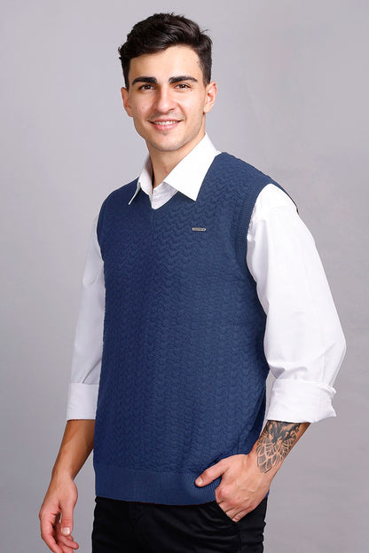 Denim Woolen V-Neck Sleeveless Half Sweater For Men