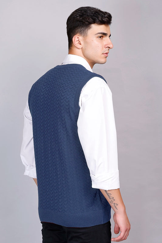Denim Woolen V-Neck Sleeveless Half Sweater For Men