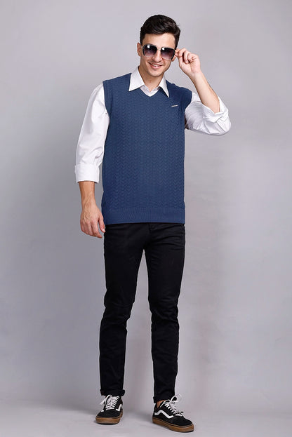 Denim Woolen V-Neck Sleeveless Half Sweater For Men