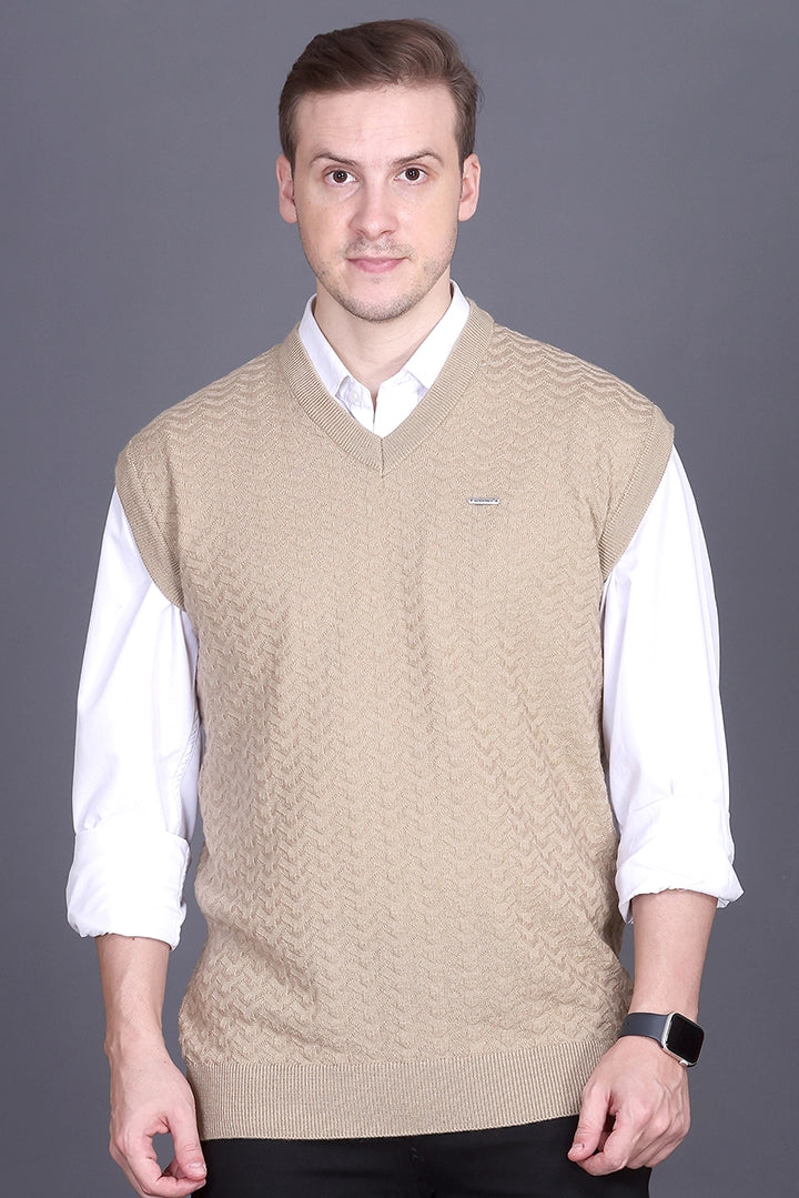 Beige Woolen V-Neck Sleeveless Half Sweater For Men