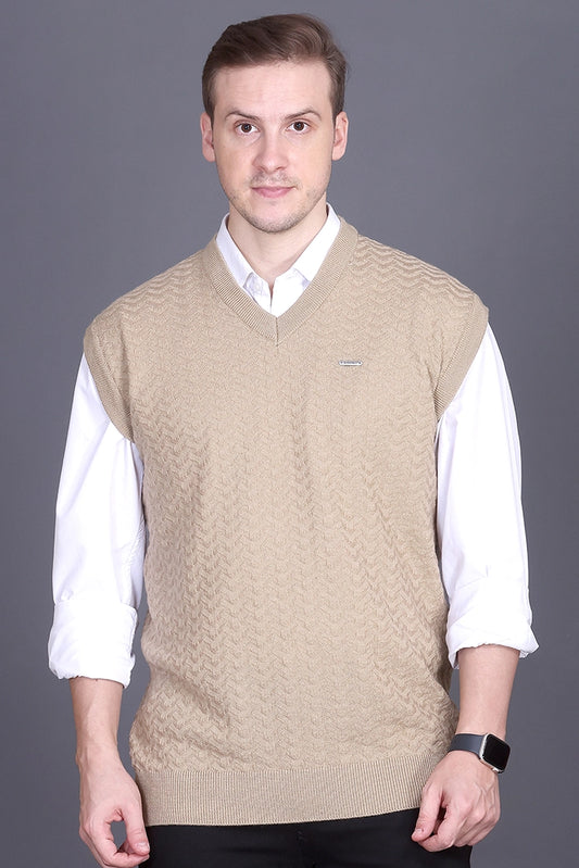Beige Woolen V-Neck Sleeveless Half Sweater For Men