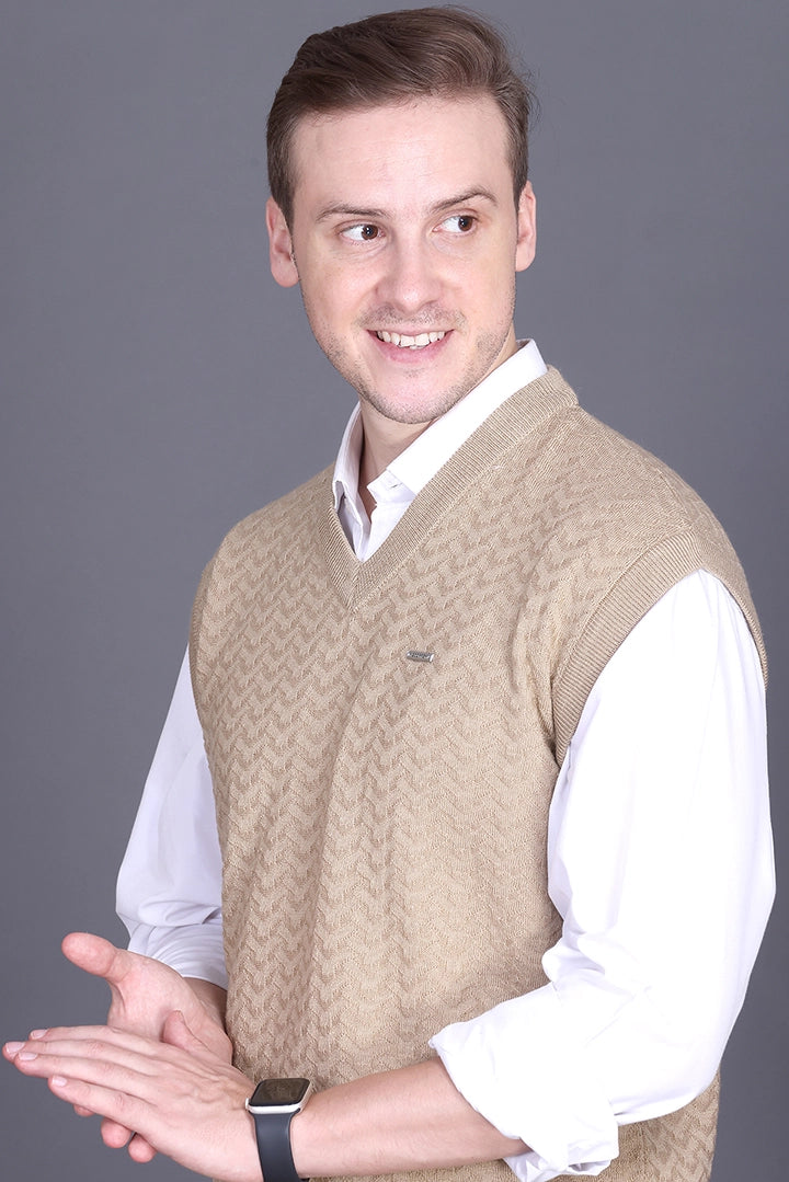 Beige Woolen V-Neck Sleeveless Half Sweater For Men