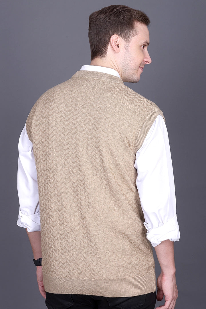 Beige Woolen V-Neck Sleeveless Half Sweater For Men