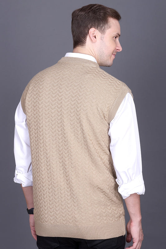 Beige Woolen V-Neck Sleeveless Half Sweater For Men