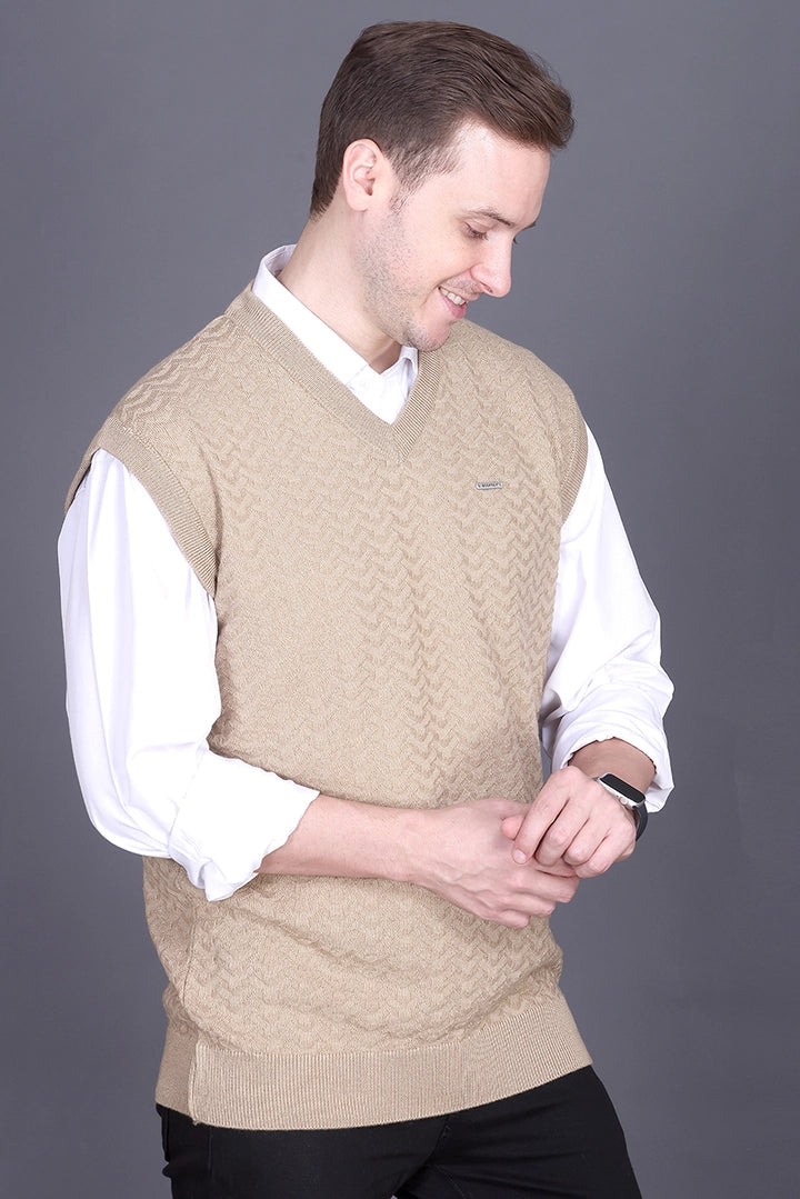 Beige Woolen V-Neck Sleeveless Half Sweater For Men