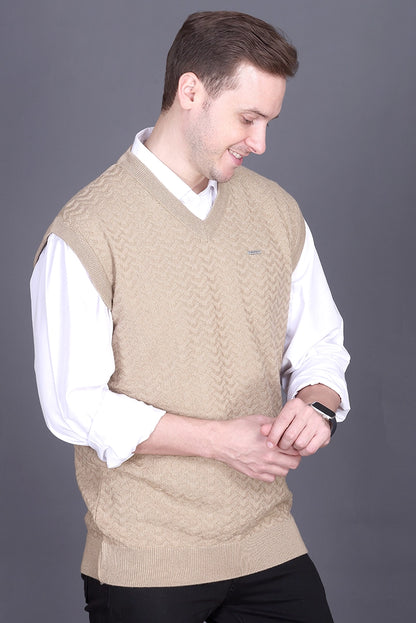 Beige Woolen V-Neck Sleeveless Half Sweater For Men
