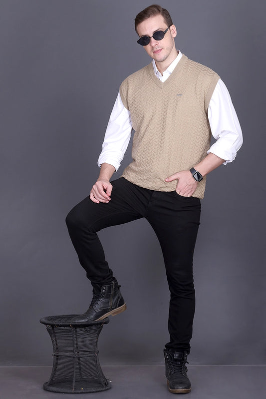 Beige Woolen V-Neck Sleeveless Half Sweater For Men