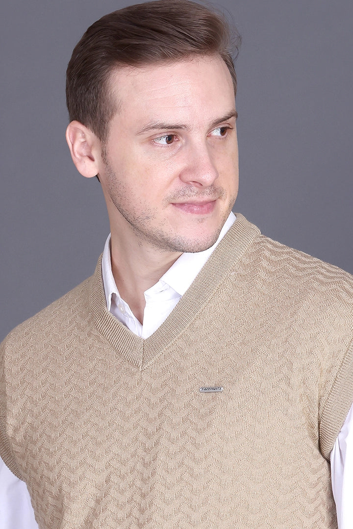 Beige Woolen V-Neck Sleeveless Half Sweater For Men