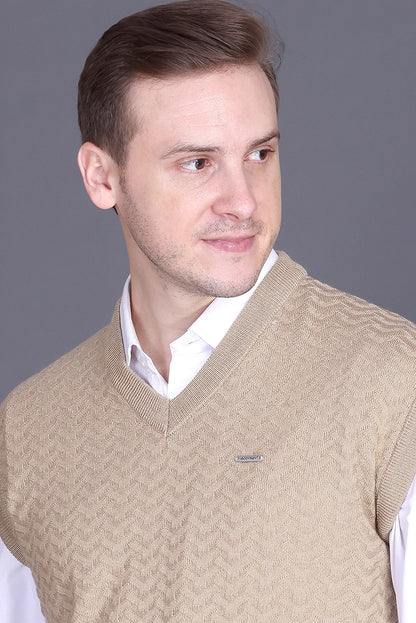 Beige Woolen V-Neck Sleeveless Half Sweater For Men