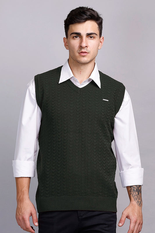Olive Woolen V-Neck Sleeveless Half Sweater For Men