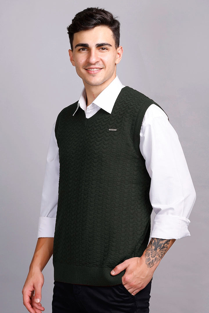 Olive Woolen V-Neck Sleeveless Half Sweater For Men