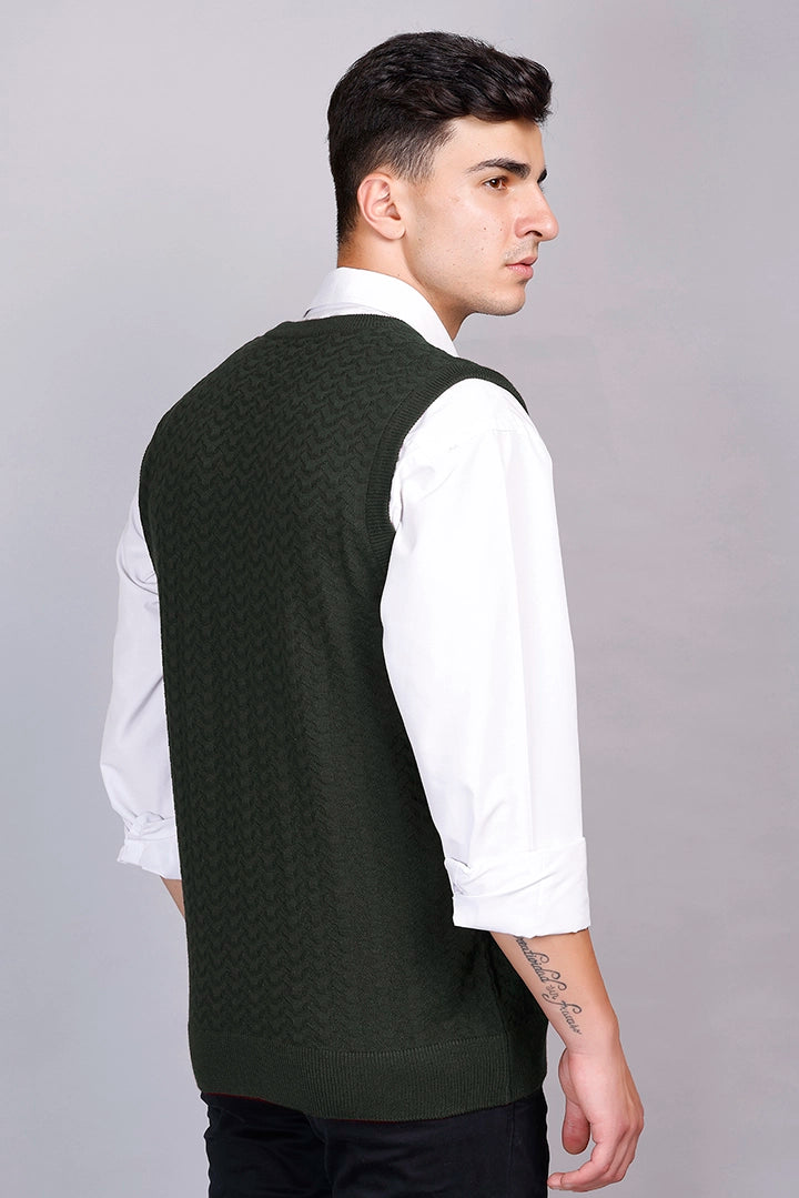 Olive Woolen V-Neck Sleeveless Half Sweater For Men