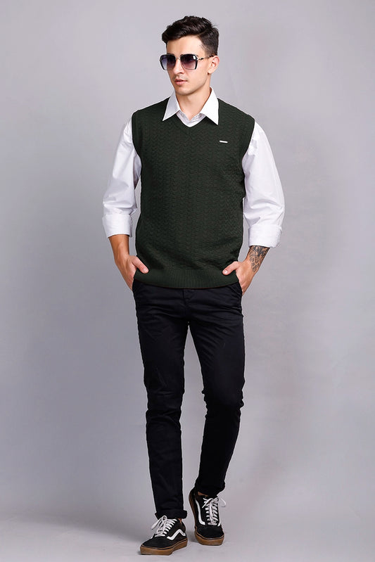 Olive Woolen V-Neck Sleeveless Half Sweater For Men