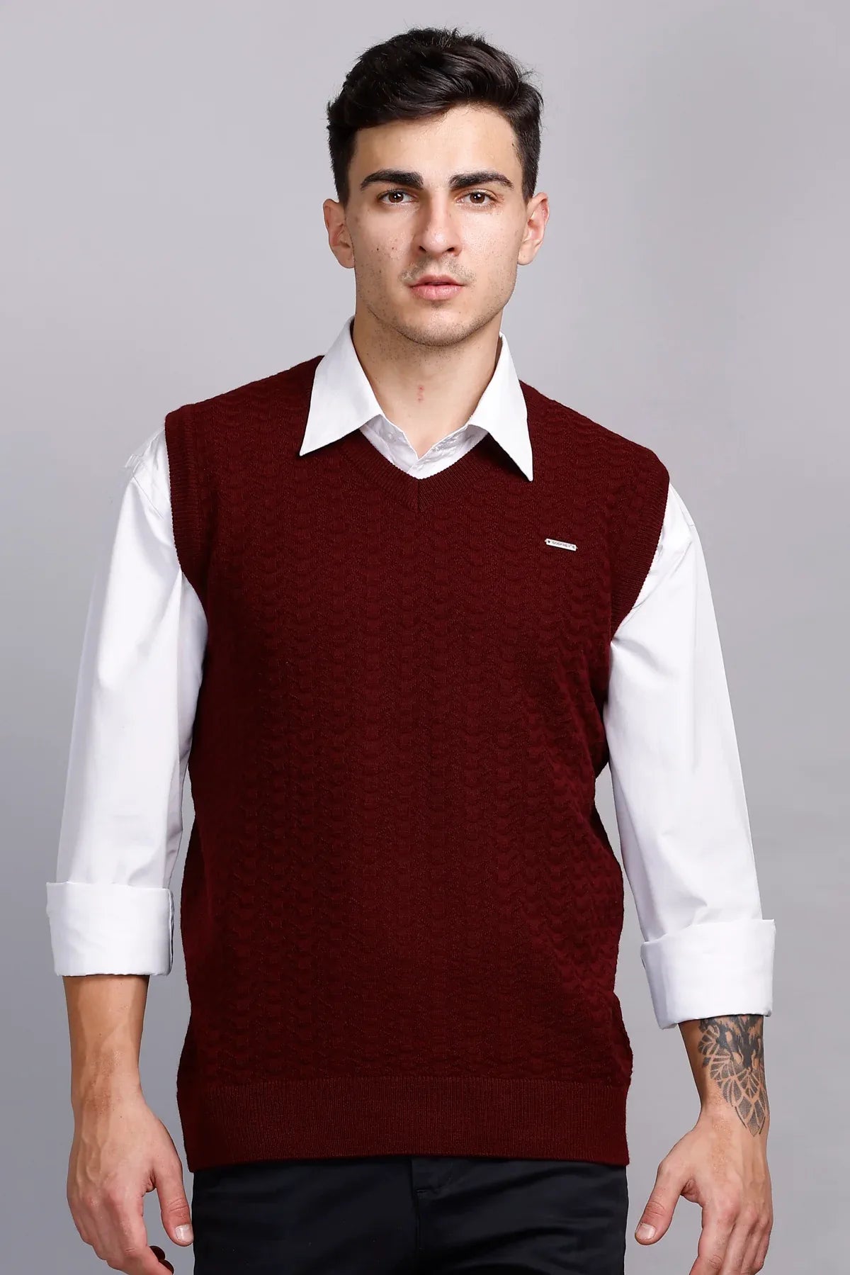 Burgundy Woolen V-Neck Sleeveless Half Sweater For Men