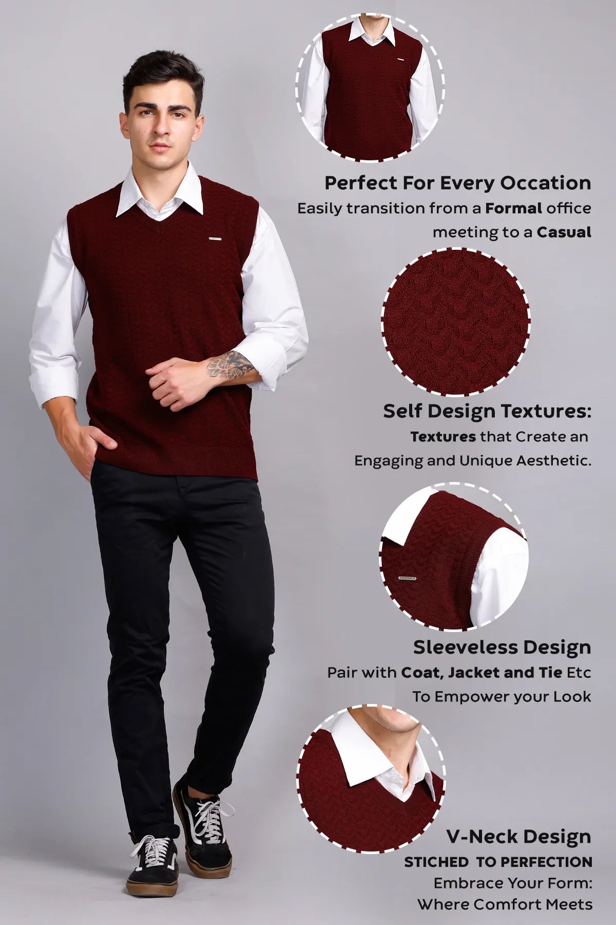 Burgundy Woolen V-Neck Sleeveless Half Sweater For Men