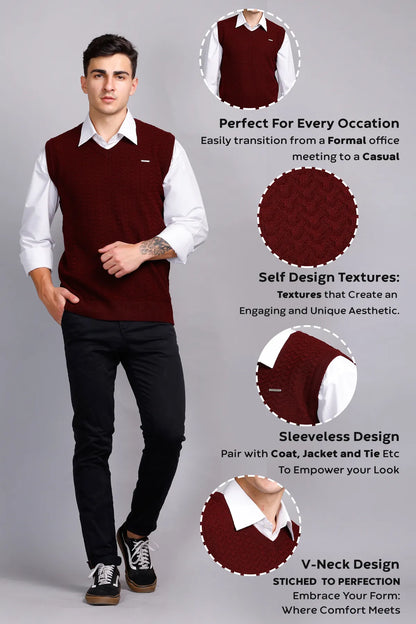 Burgundy Woolen V-Neck Sleeveless Half Sweater For Men