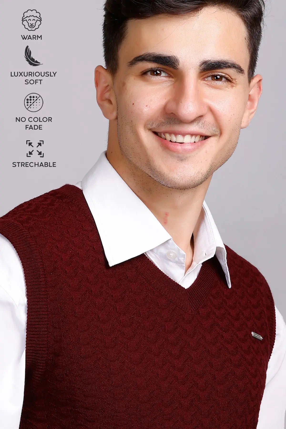 Burgundy Woolen V-Neck Sleeveless Half Sweater For Men