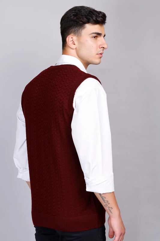 Burgundy Woolen V-Neck Sleeveless Half Sweater For Men