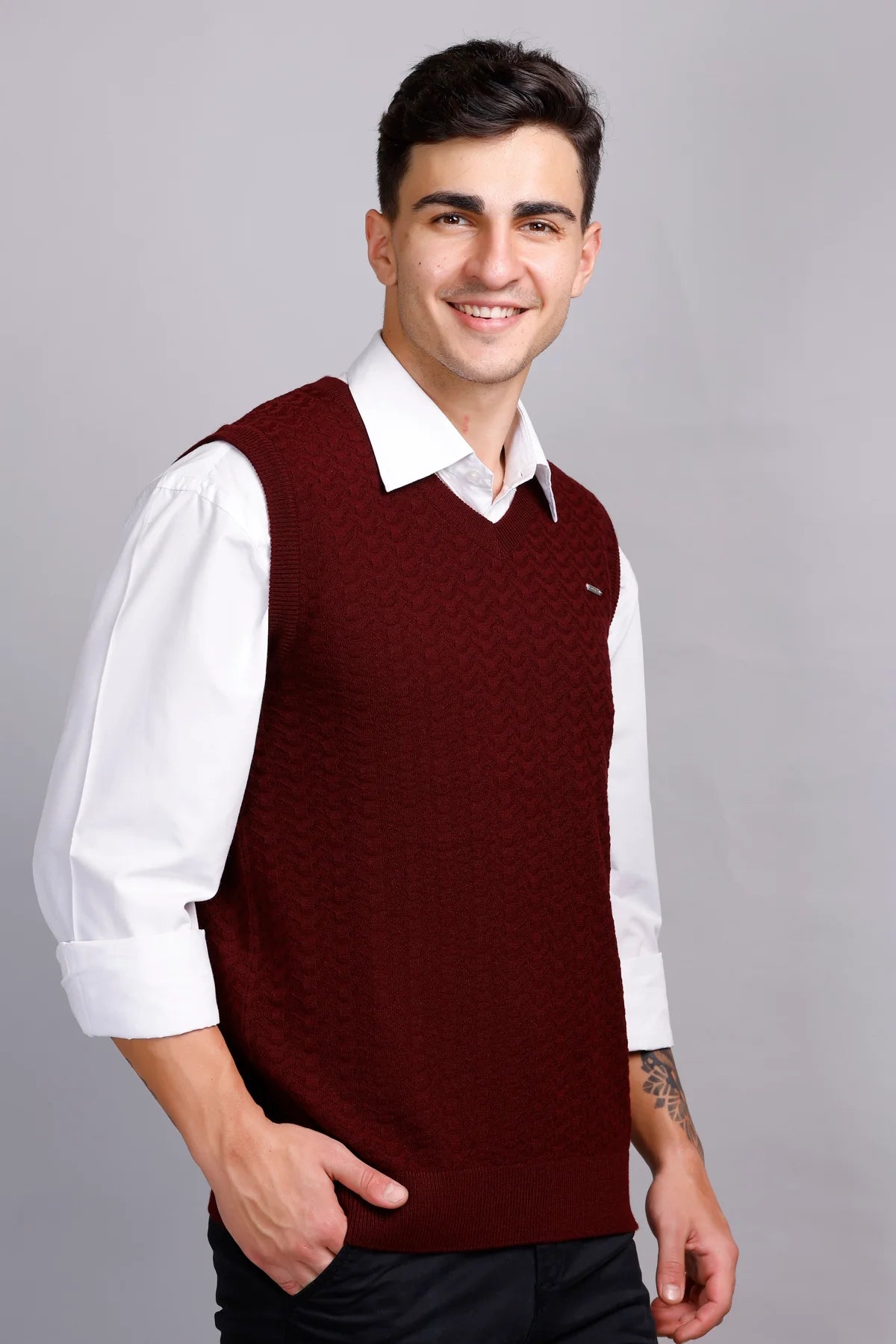 Burgundy Woolen V-Neck Sleeveless Half Sweater For Men