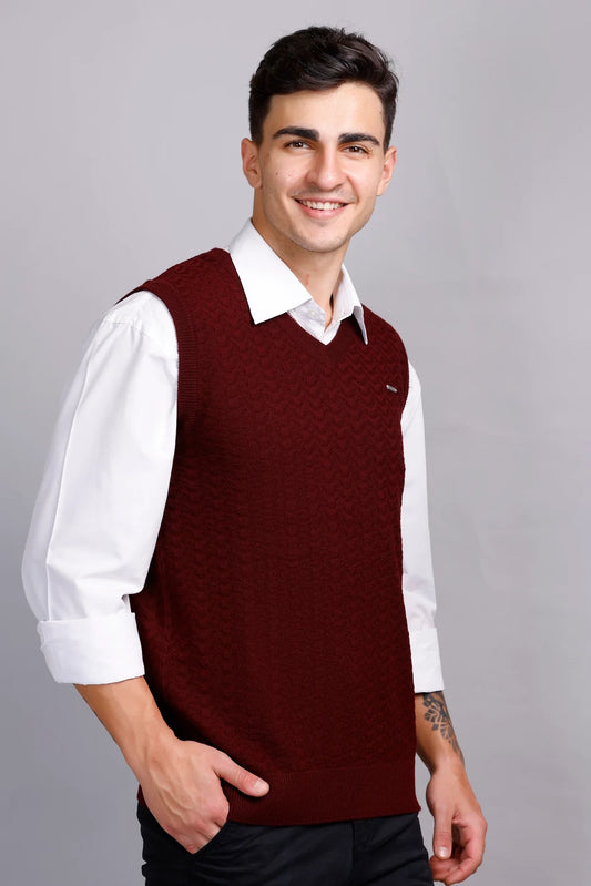 Burgundy Woolen V-Neck Sleeveless Half Sweater For Men