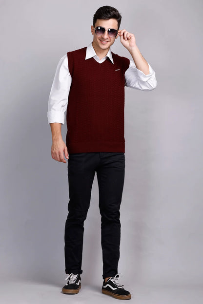 Burgundy Woolen V-Neck Sleeveless Half Sweater For Men