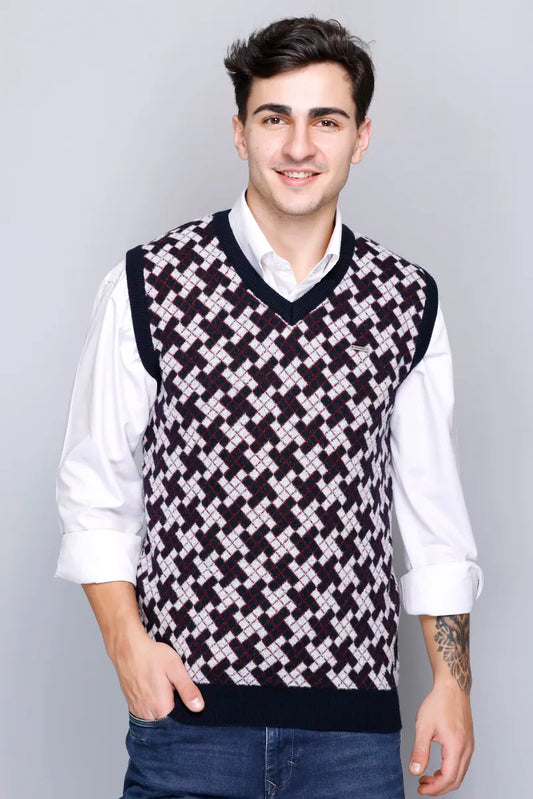 Navy White Check Design Woolen V-Neck Sleeveless Sweater For Men
