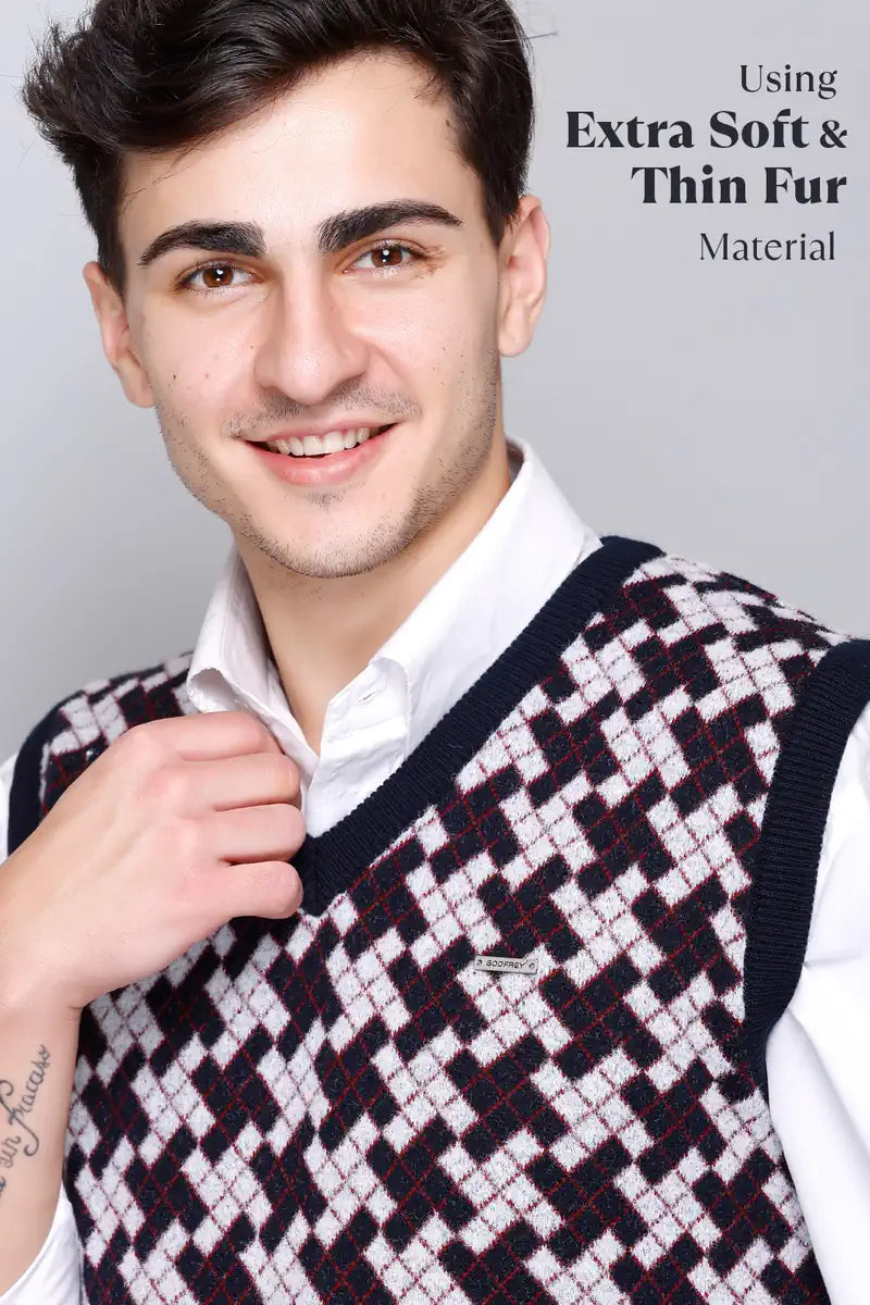 Navy White Check Design Woolen V-Neck Sleeveless Sweater For Men