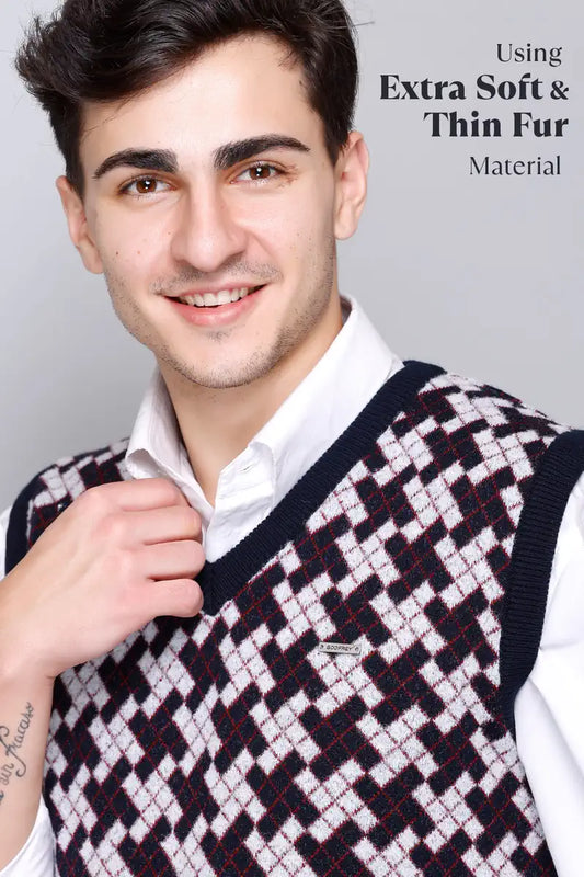 Navy White Check Design Woolen V-Neck Sleeveless Sweater For Men