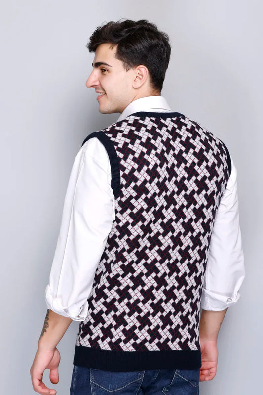 Navy White Check Design Woolen V-Neck Sleeveless Sweater For Men