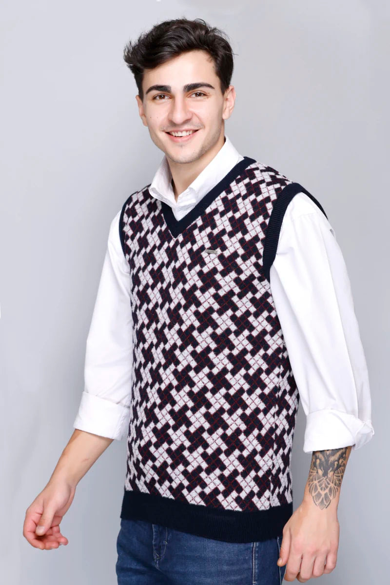 Navy White Check Design Woolen V-Neck Sleeveless Sweater For Men