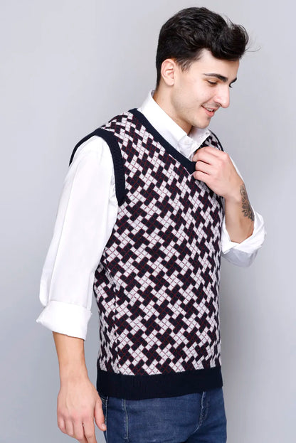 Navy White Check Design Woolen V-Neck Sleeveless Sweater For Men