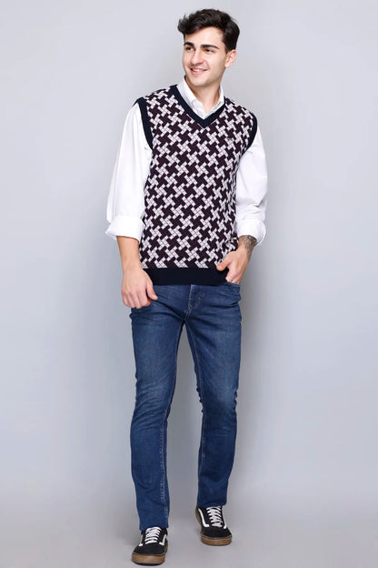 Navy White Check Design Woolen V-Neck Sleeveless Sweater For Men