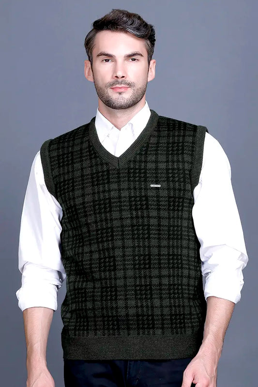 Olive Woolen V-Neck Sleeveless Half Sweater For Men