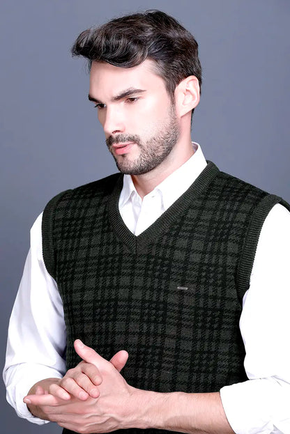Olive Woolen V-Neck Sleeveless Half Sweater For Men