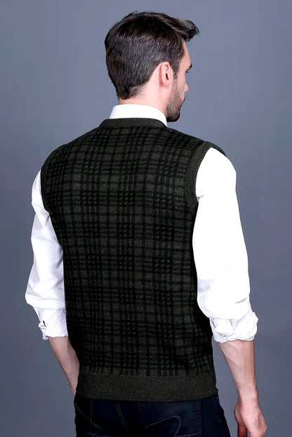 Olive Woolen V-Neck Sleeveless Half Sweater For Men