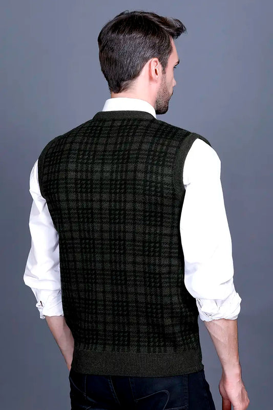 Olive Woolen V-Neck Sleeveless Half Sweater For Men