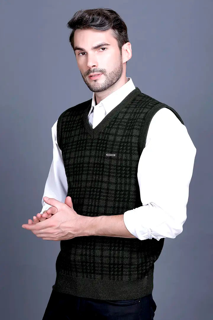 Olive Woolen V-Neck Sleeveless Half Sweater For Men