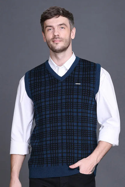 Teal Woolen V-Neck Sleeveless Half Sweater For Men