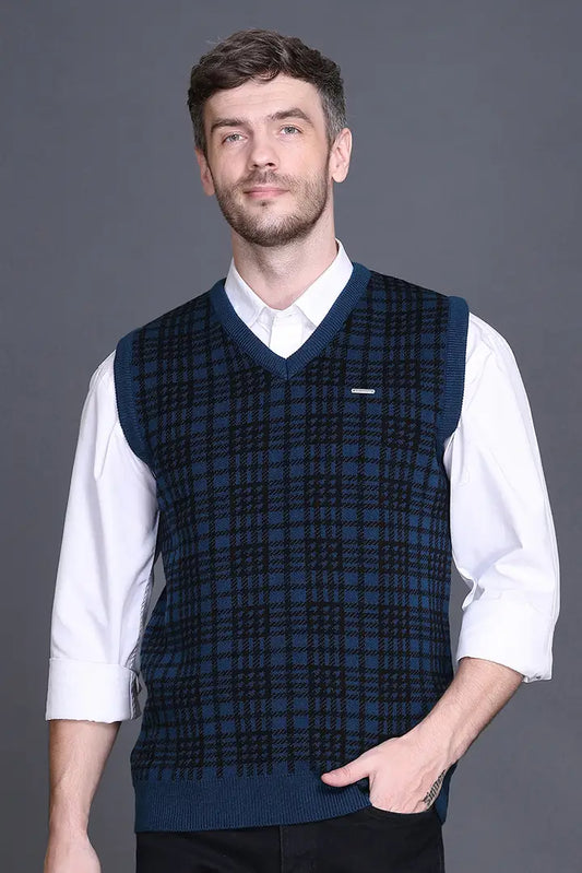 Teal Woolen V-Neck Sleeveless Half Sweater For Men