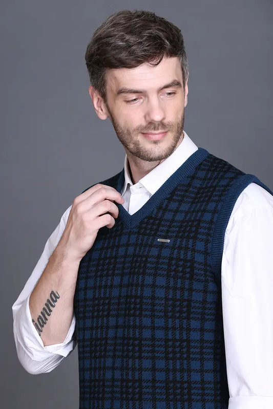 Teal Woolen V-Neck Sleeveless Half Sweater For Men
