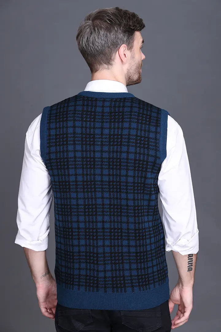 Teal Woolen V-Neck Sleeveless Half Sweater For Men